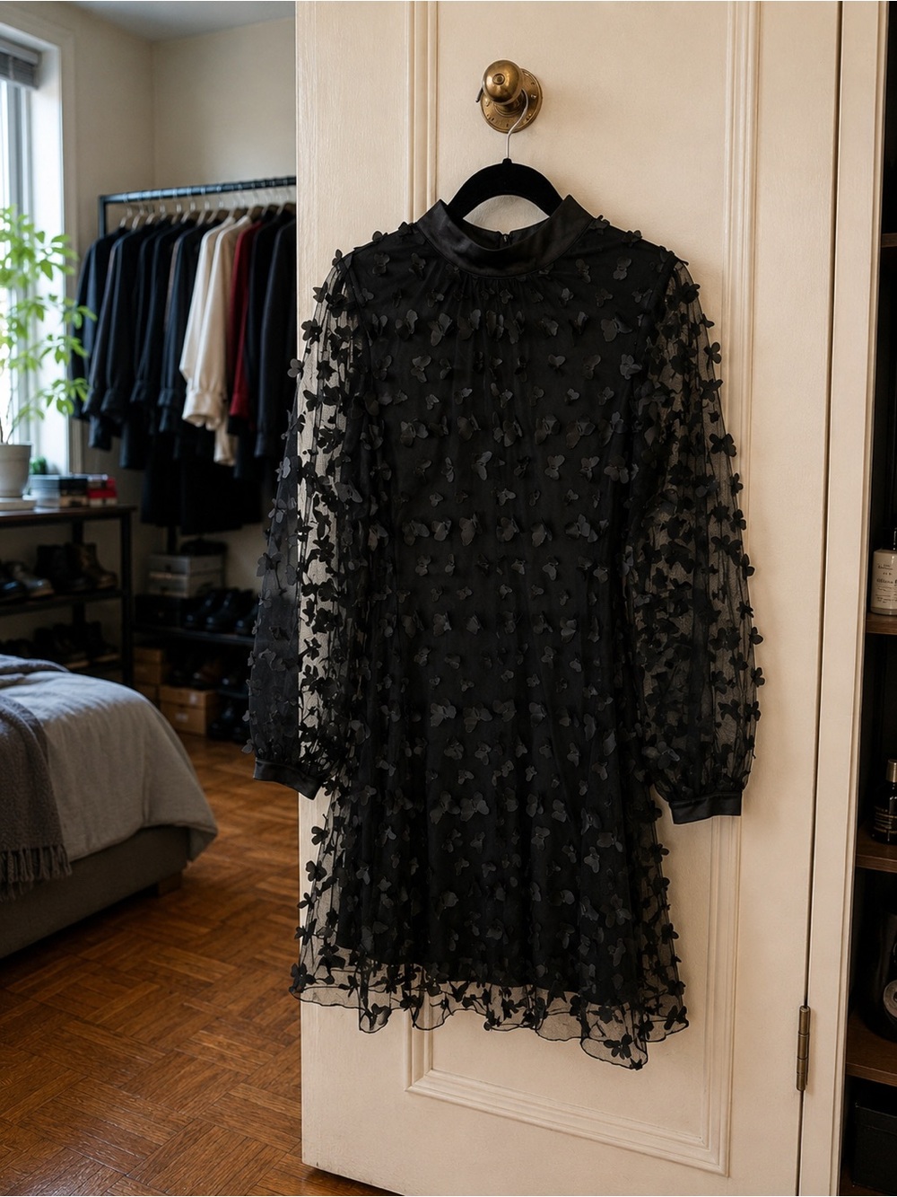 Black Embellished Mesh Long-Sleeve Dress